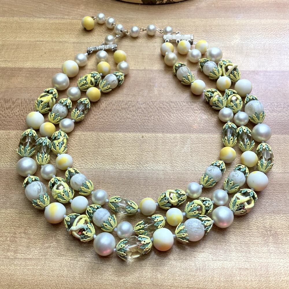MCM Vintage 3 Strand Necklace Yellow Green Beaded Citrus Metal Celluloid Crystal
